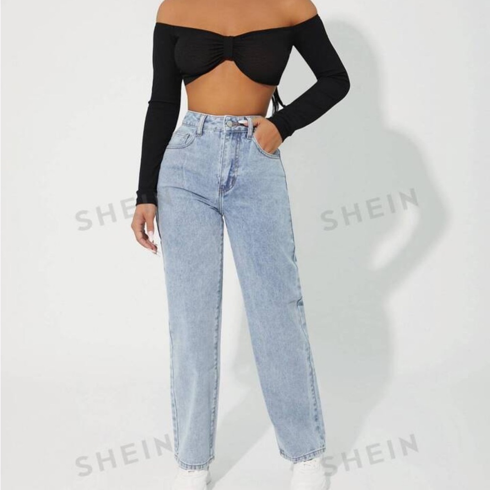 3/30$🤍 SHEIN | Petite light blue straight leg jeans